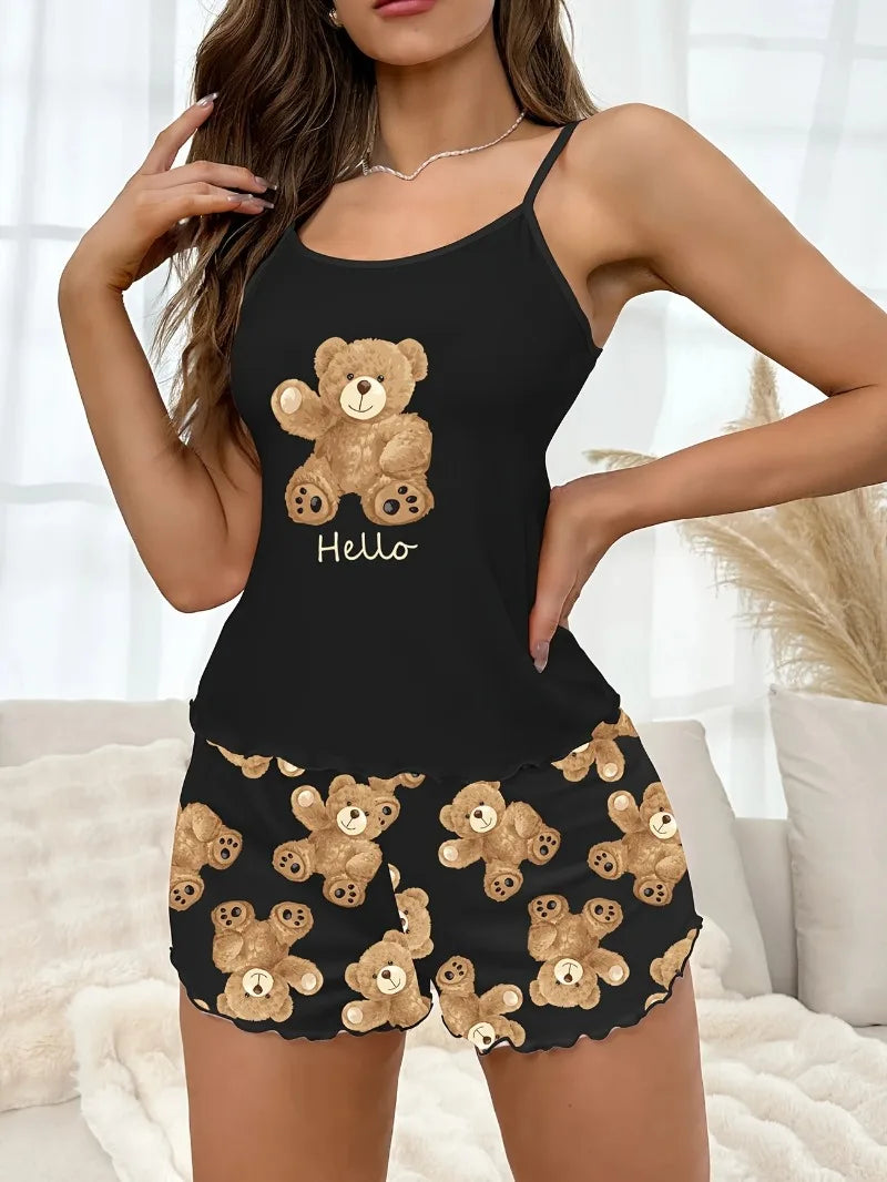 Cute Bear Printed Pajamas Set for Women's Loungewear Sling Crop Tops and Shorts Summer Sleepwear Home Wear Clothes