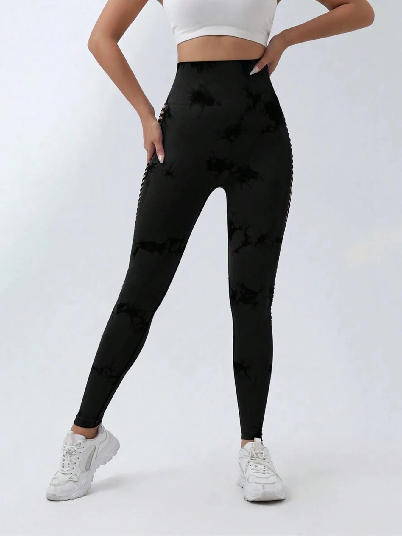 Black Tie-Dye Cutout High-Waist Yoga Pants Butt-Lifting Stretch Fitness Leggings Sports Slim-Fit Base Layer Leggings