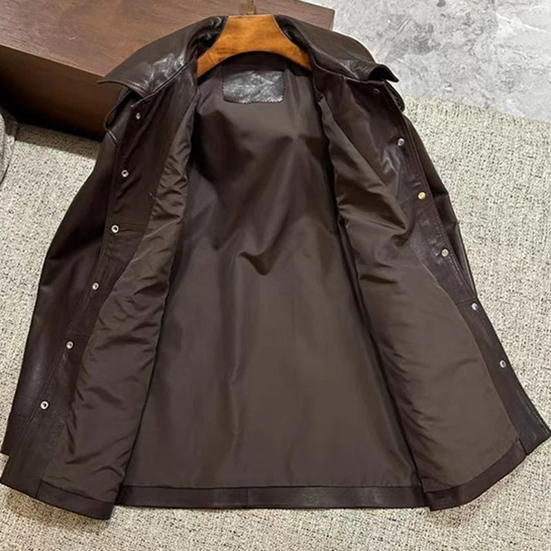 Winter Genuine Leather Outwears For Women High Quality Female Large Pocket Epaulet Belt Mid Long Jacket Female Warm Windbreaker