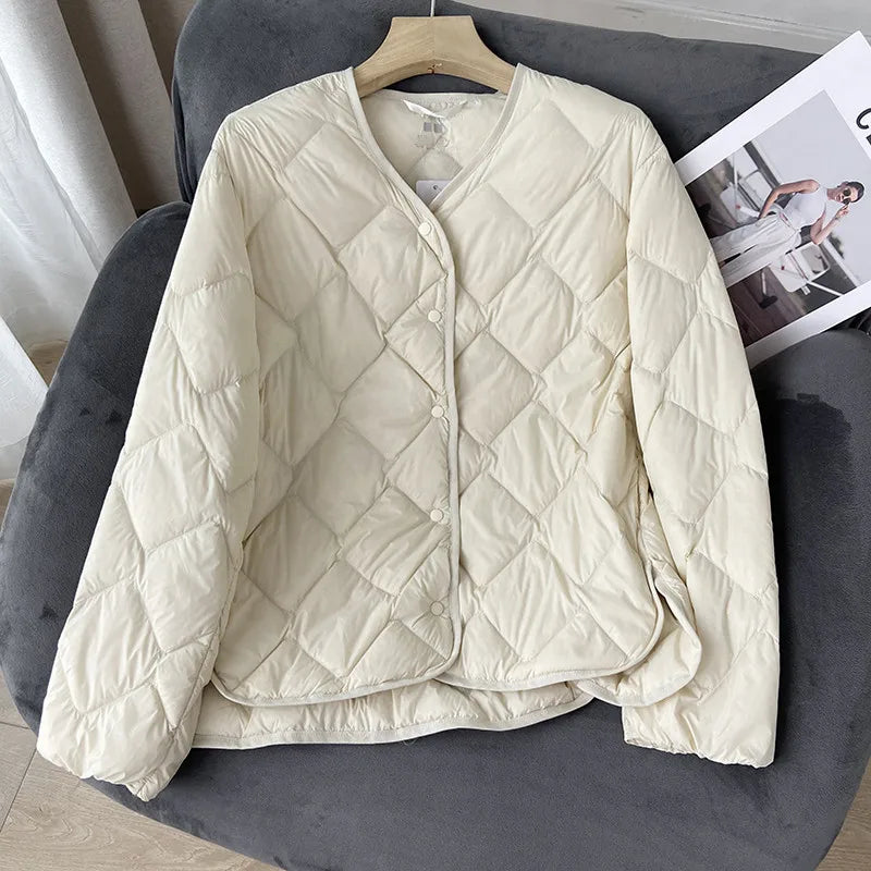 Janveny 2025 New Autumn Winter Ultra Light Collarless Soft Puffer Jacket Women Casual Loose Single Breasted 90% Duck Down Coat