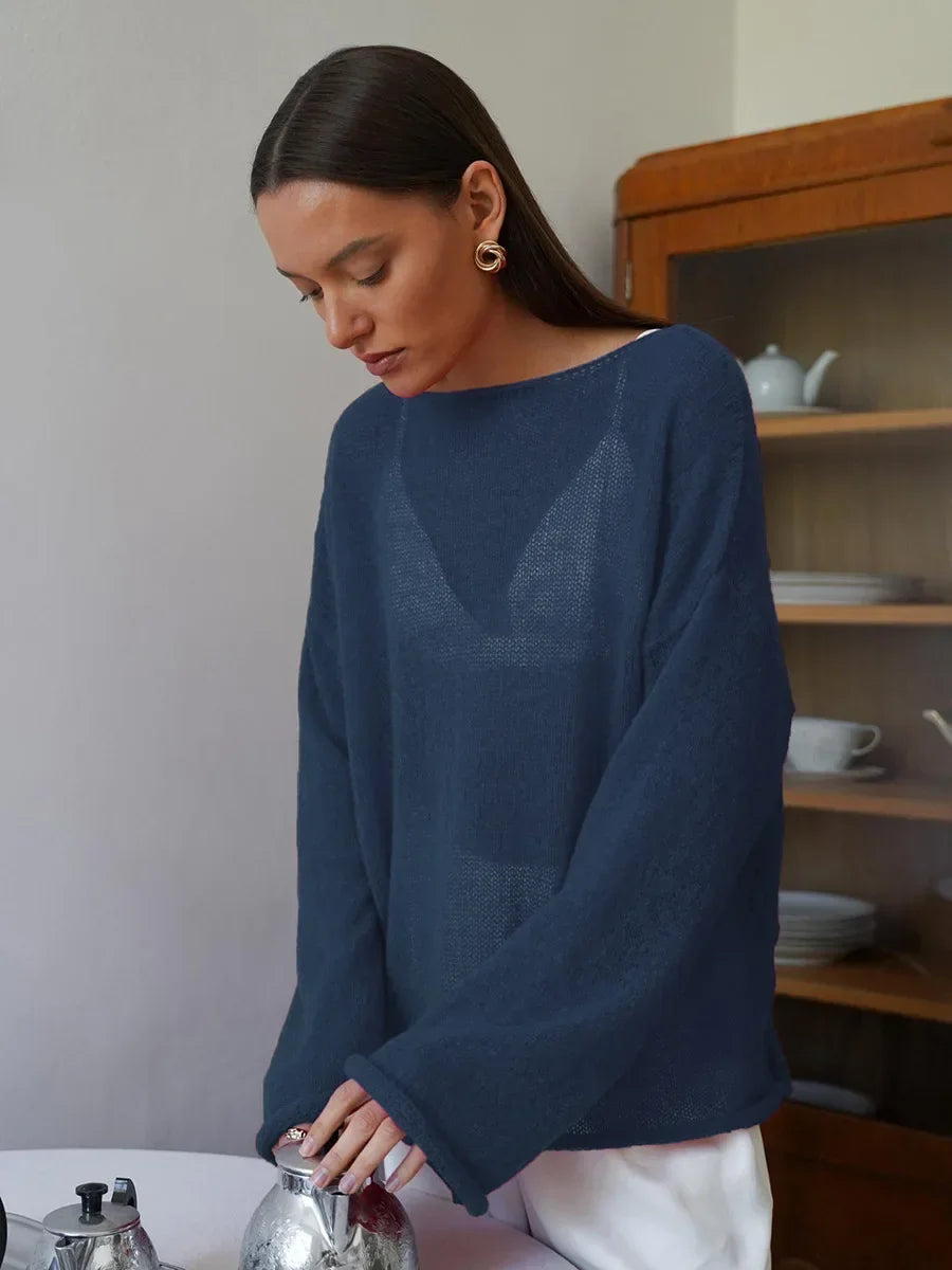 TARUXY Hollow Knitted Sweater Pullover 2024 Autumn New Women's See Through Thin Large Round Neck Bell Long Sleeve Knit T-Shirt