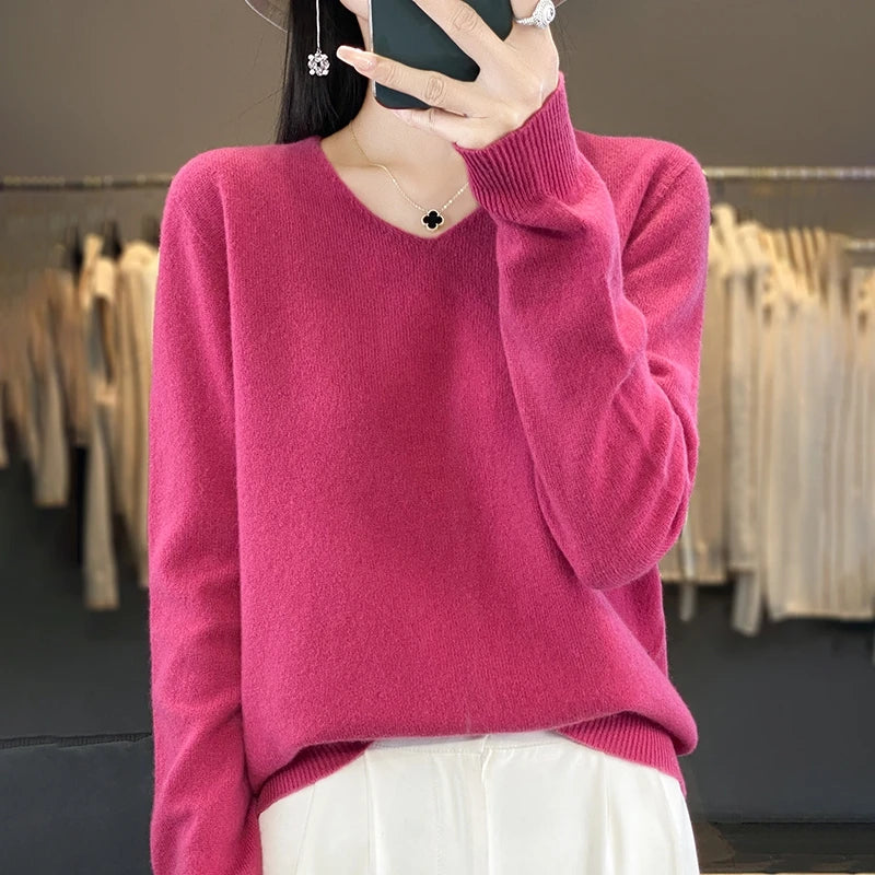 New Women's V-neck First-line Ready-To-Wear Sweater Long Sleeve Jumper Loose Fashion Comfortable Solid Color SweaterZD