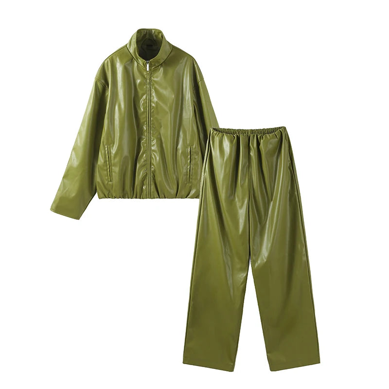 Olive Green Leather Jacket Coat Silhouette Vintage High Street Trend Zipper Lapel Short Overcoat Loose Casual Top Outwear Autumn