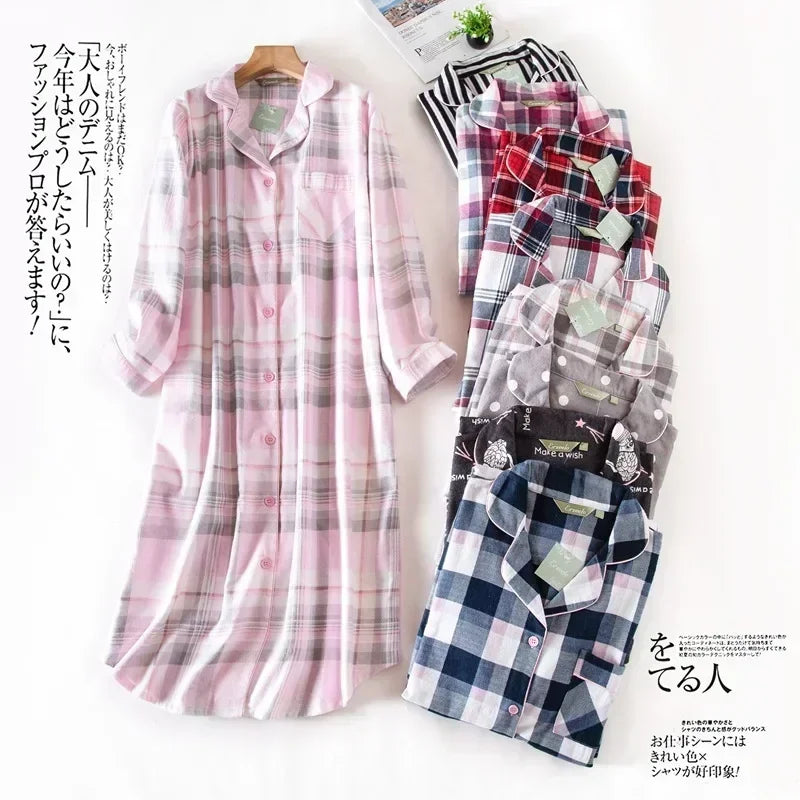 Multi Colors M-xxl Plus Sizes Night Dress for Women Sleepwear Plaid Design Mid-long Shirt Sleeping Dress Women Underwear Clothes