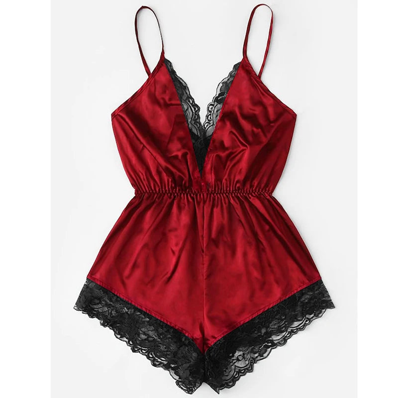 Summer New Sexy Fashion Women Lace Splice Trim Backless Bow Shorts V-Neck Bodysuit Women Sleep Wear Set