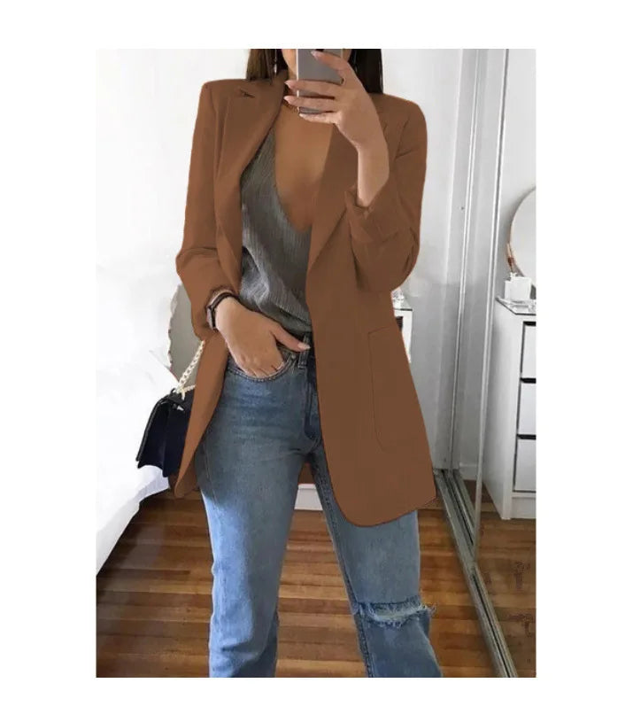European and American Fashion Casual Suit Polo Neck Slim Fit Cardigan Temperament Women's  Coat Spring and Autumn 2024