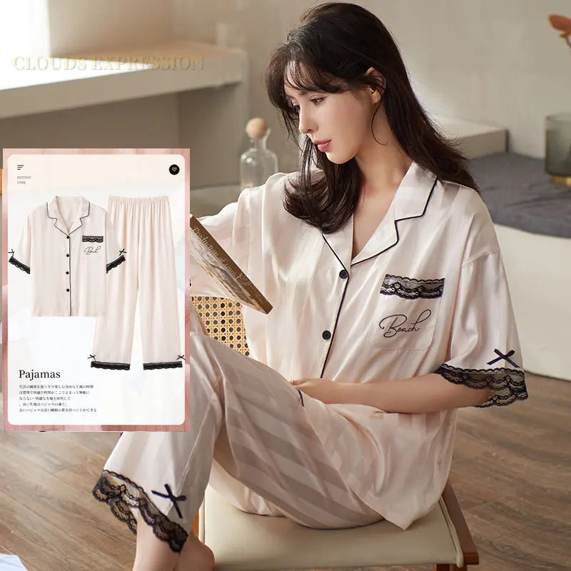 Spring Summer Ladies Faux Silk Polyester Pajama Sets Sexy Homewear Women's Casual Luxury Pajamas Thin Pajamas Female Sleepwear