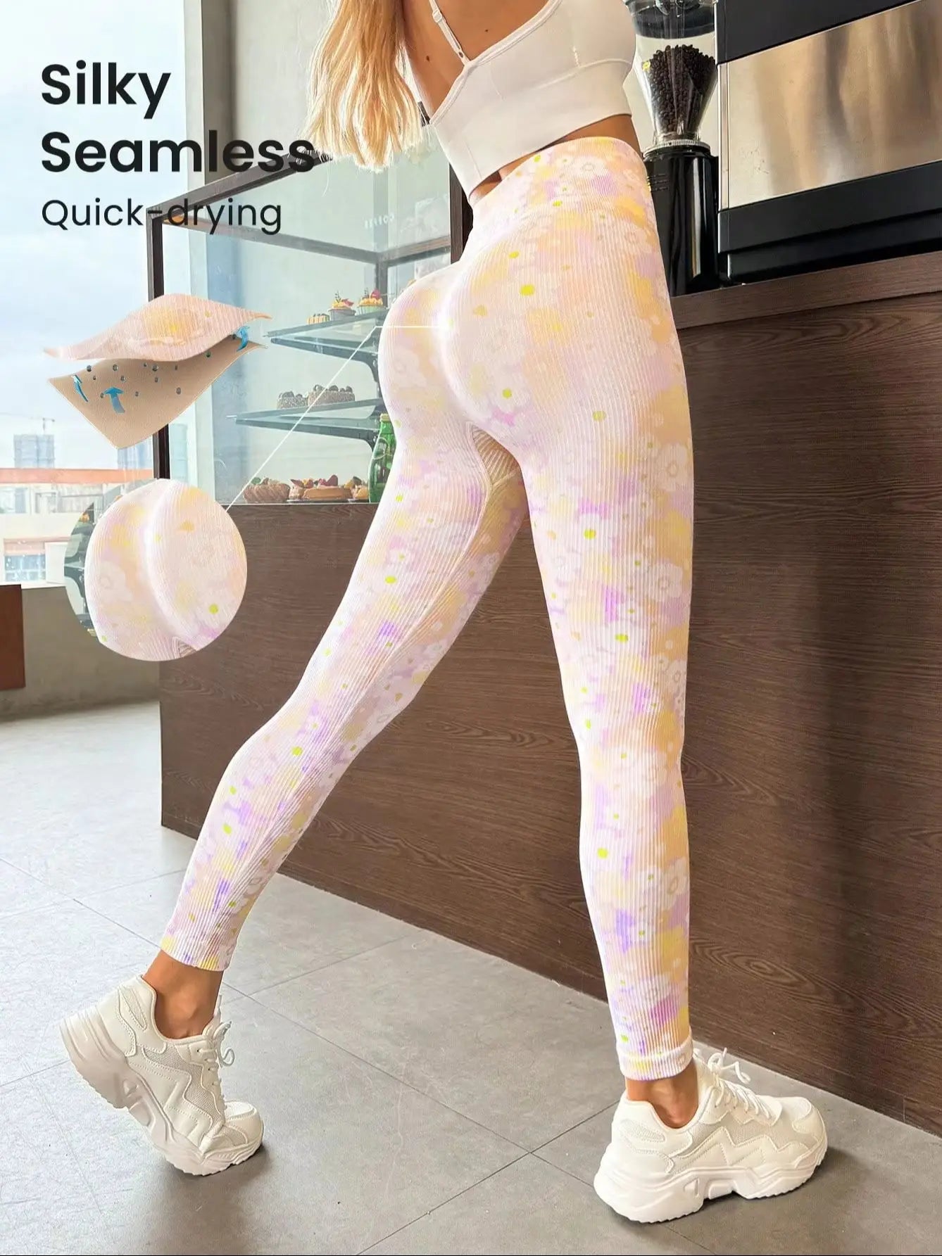 Floral Print Ribbed Yoga Leggings Women High Waist Seamless Quick-Drying Butt Lifting Fitness Workout Tights Gym Sportswear