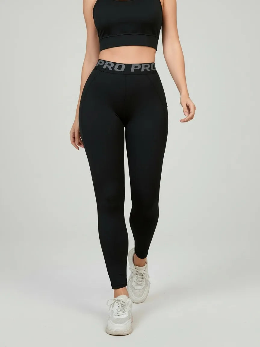 Women's Yoga Fitness Leggings with Letter Waistband and Side Pockets, Slim-Fit Long Pants for Outdoor Sports and Training.
