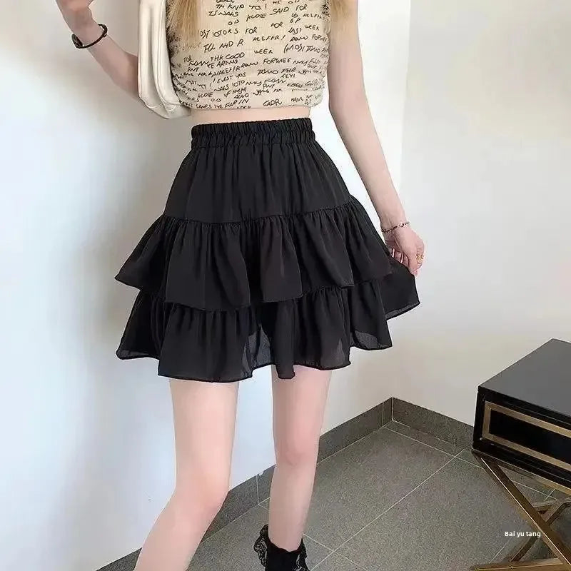 Pleated A-line Skirt White Women Ruffles Sweet Hottie Preppy Style Elastic Elastic Waist Slim Thin SimpleCasual Summer Wholesale