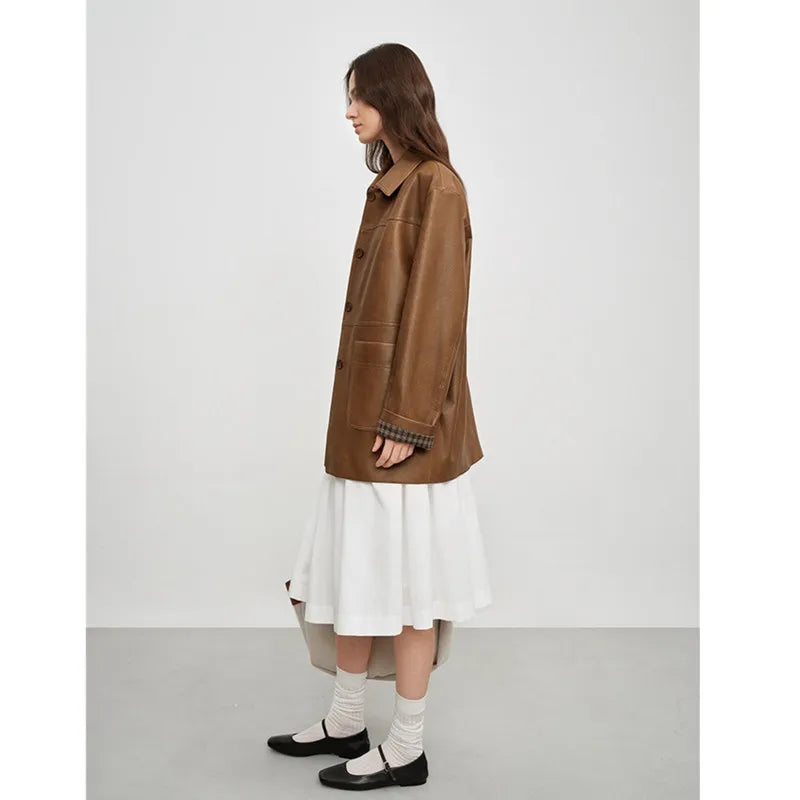 Women's Plant Tanned Leather Coat Trench Lapel Sheepskin Mid-Length Autumn Winter Outerwear