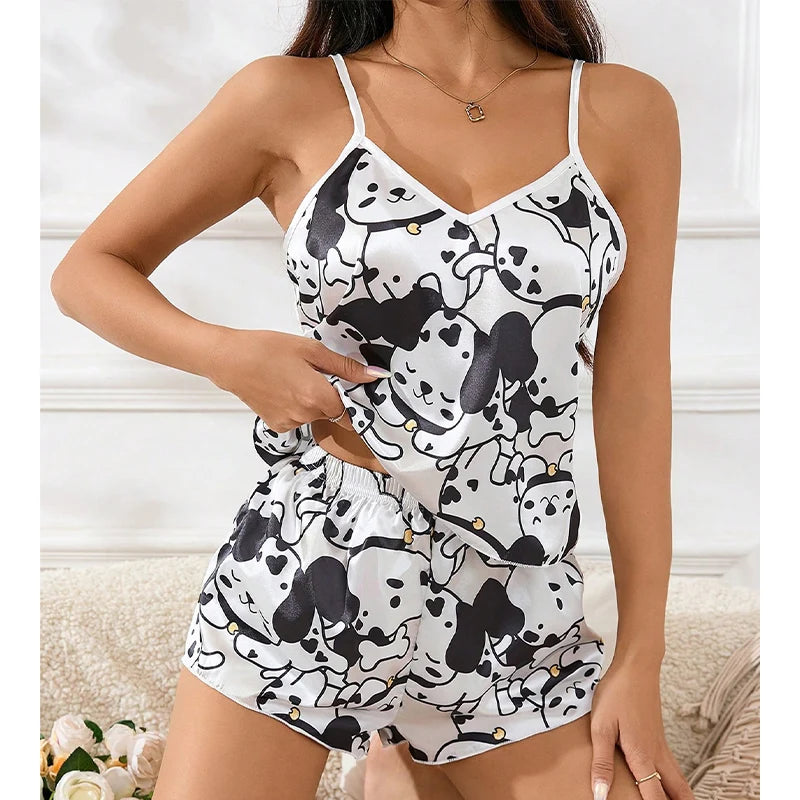 Women's Satin Floral Print Pajama Set Casual Sleeveless V-Neck Top And Elastic Shorts Comfortable Perfect For Summer Loungewear