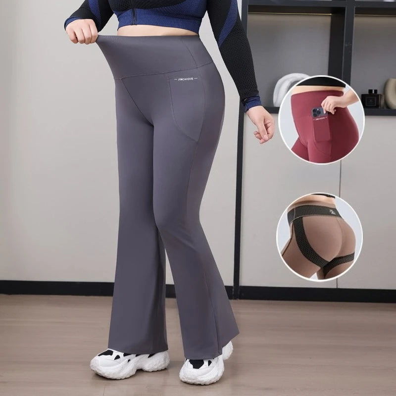 Plus Size Fit Yoga Flared Trousers for Women Semaless Two Sides Pocket Leggings High Waist Push Up Butt Gym Trainning Leggings