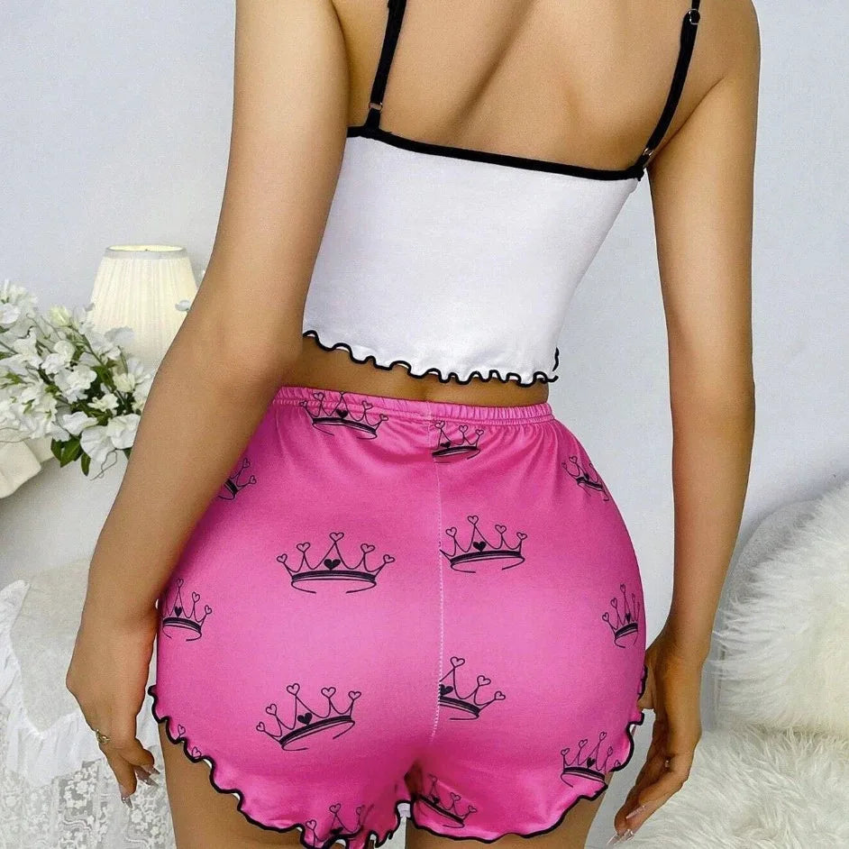 Summer Women's Milk Silk Printed Crown & Flamingo Shorts  Tank Top Two-Piece Set Casual Loungewear Homewear Sleepwear