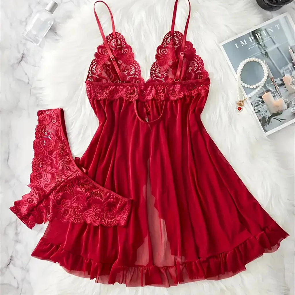 Elegant Transparent Red Sexy Lingerie Women's Underwear See Through Sleepwear Lace Nightdress Panty Pijamas Sets Female Babydoll