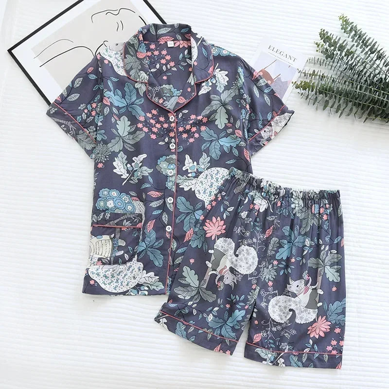 Women's Pajamas Set Short-sleeved Shorts Home Pijima Loose Two-piece Suit for Home Sleepwear Printed Plus Size Female Pijima