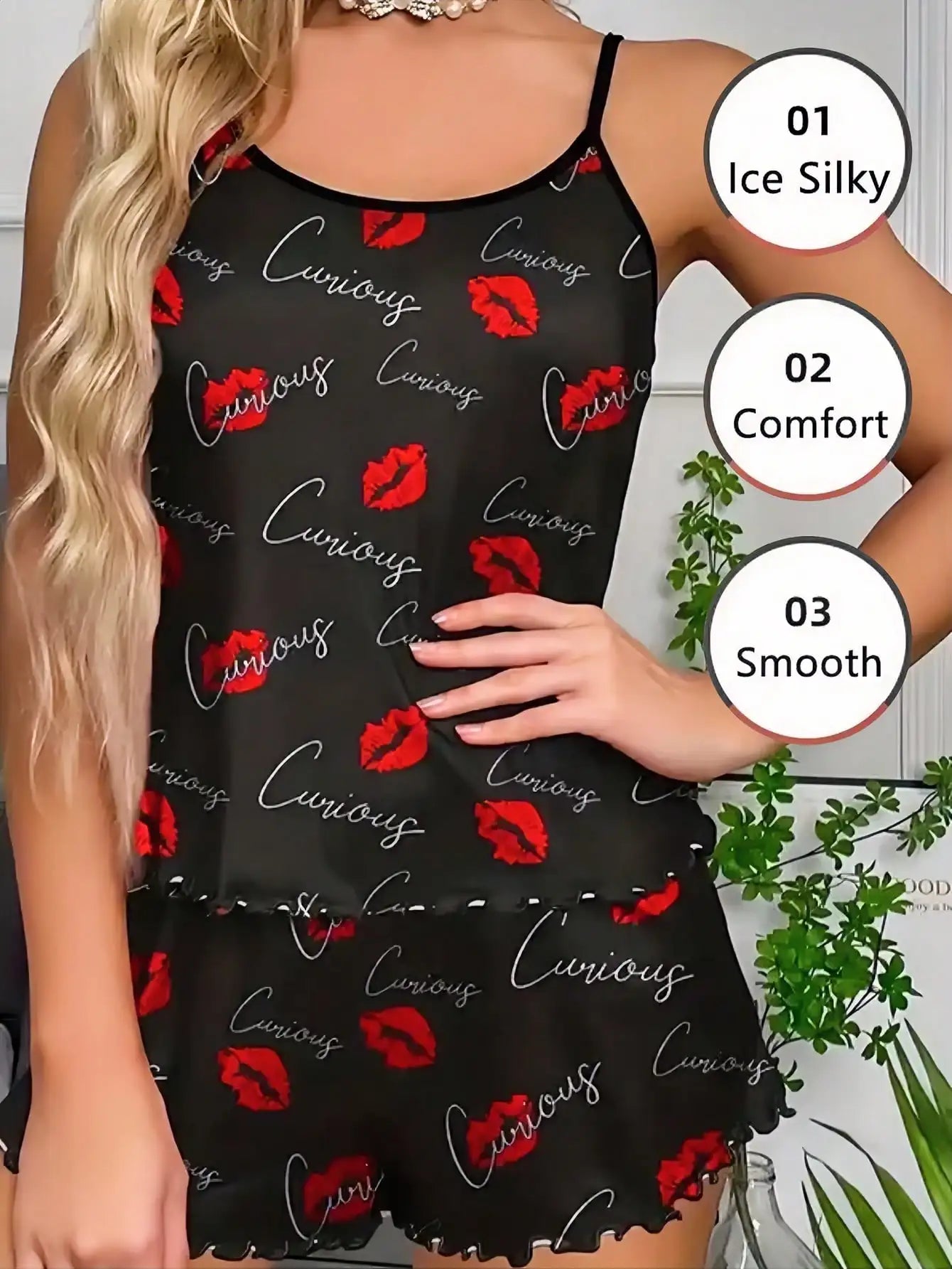 Women's 2 Pieces Set Pajamas Lettuce Frill Trim Camisole Shorts Sexy Lip Print Scoop Neck Cami Backless Top Ice Silk Comfortable