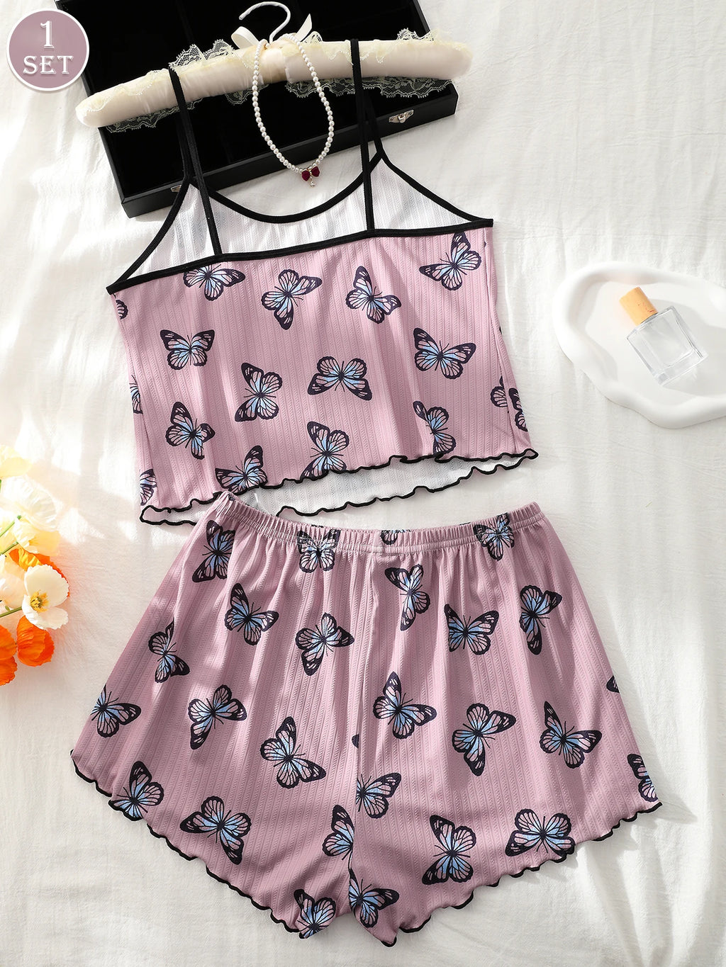 1 Set Women Home Wear Print Cami Top And Shorts Pajama Set