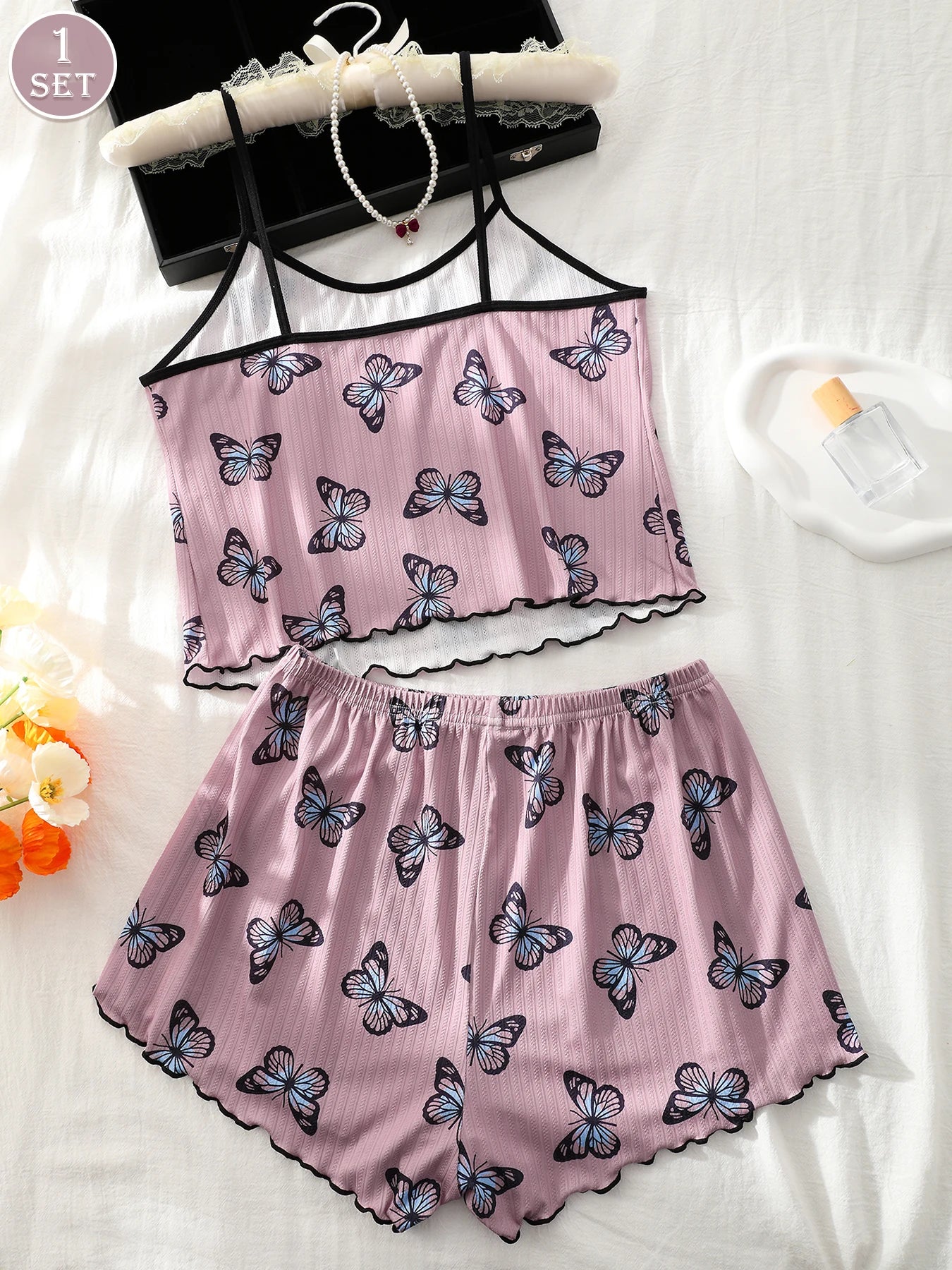1 Set Women Home Wear Print Cami Top And Shorts Pajama Set