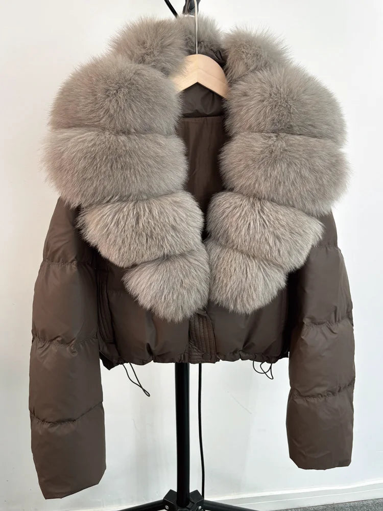 Janveny Large Natural Fox Fur Collar 90% White Duck Down Jacket Women Winter Short Waterproof PU Puffer Coat Female Thick Parkas