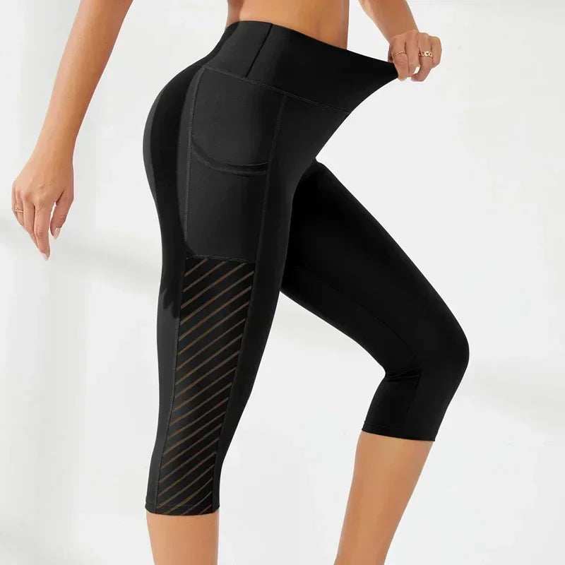 Sport Yoga Shorts Cropped Pants Women Fitness High Waist Hip Lift Running Yoga Side Pockets Tights Quick Dry Gym Sportswear