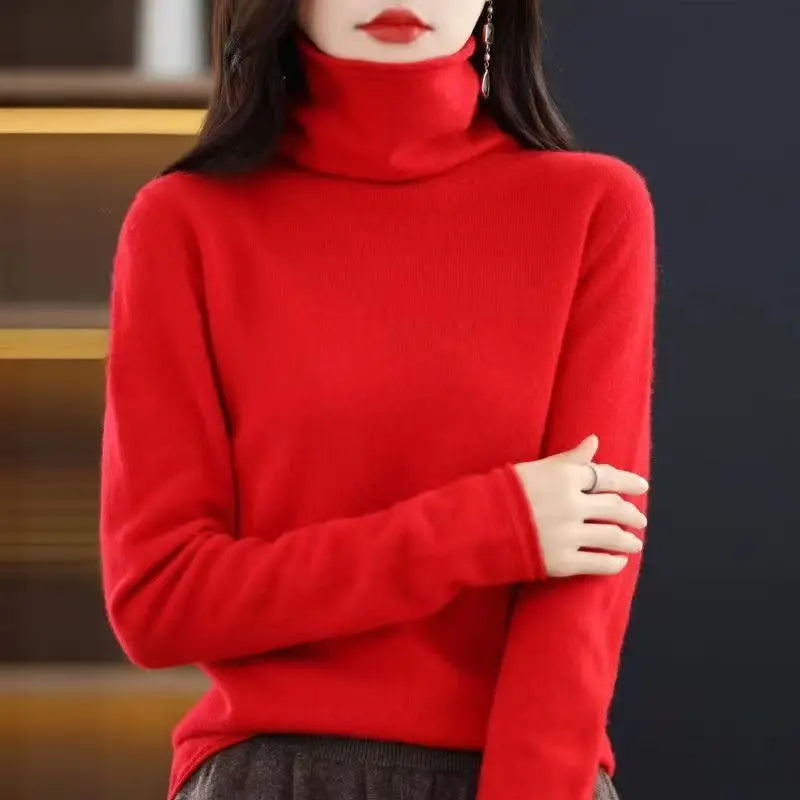 100% Wool Fold Neck Sweater Women's AutumnWinter High Neck Long Sleeved Solid Color Warm Pullover Sweater Knitted Jumper Top