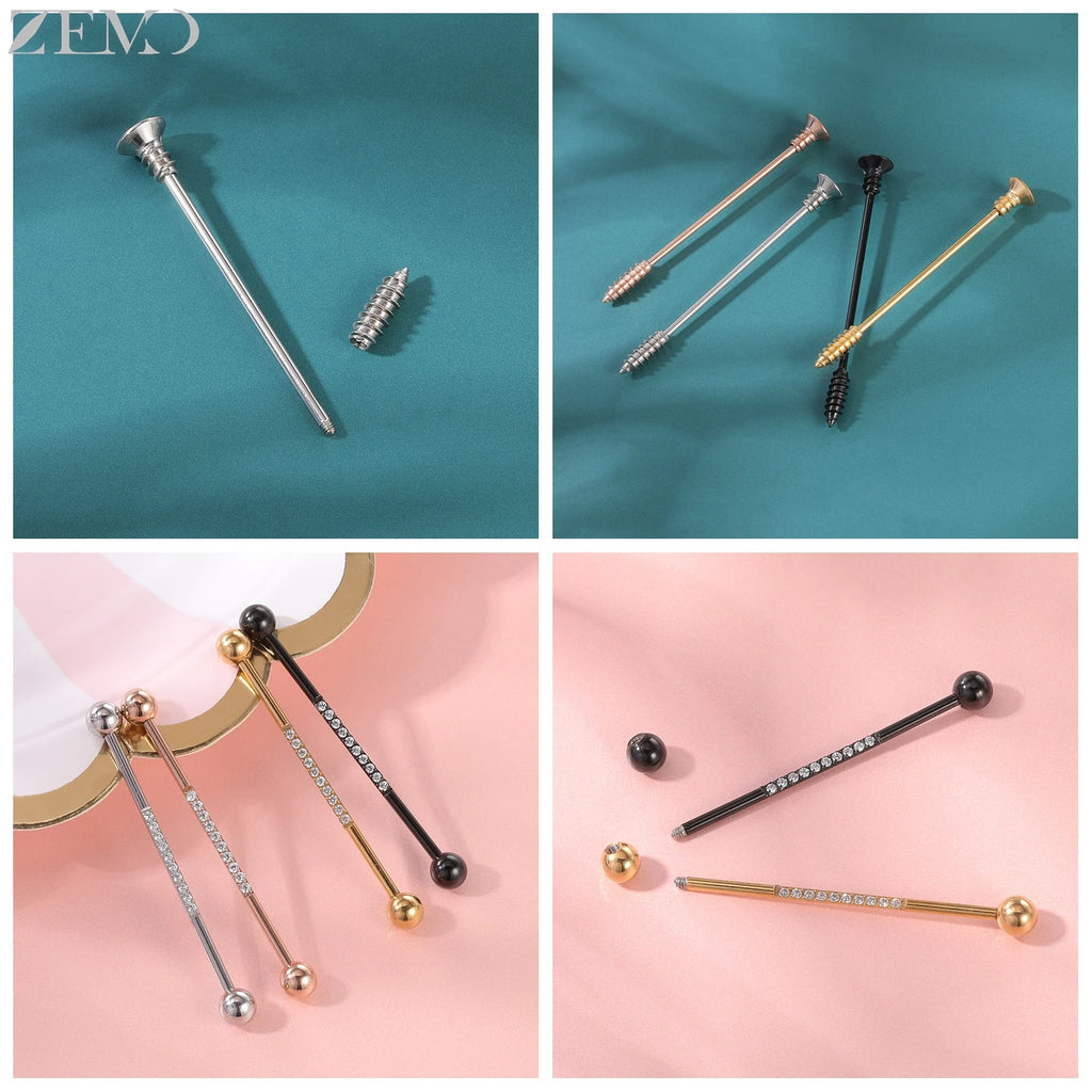 ZEMO 1 Piece 14G Stainless Steel Long Industrial Piercing Women Men 38MM Stud Earrings Barbell Taper Arrow Conch Helix Piercings