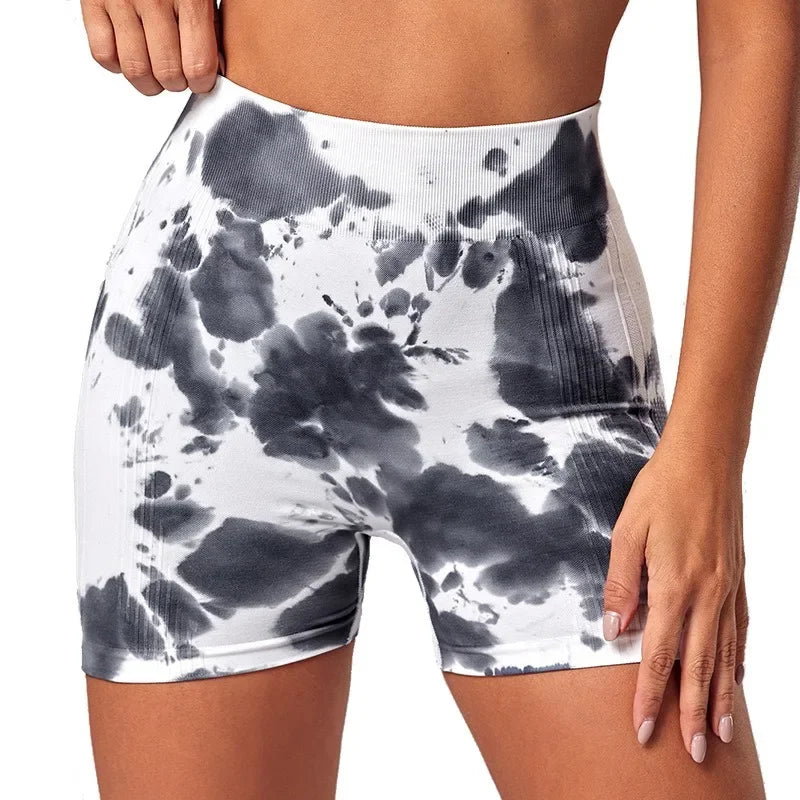 Seamless Tie Dye Shorts Women Fitness Elastic Leggings High Waist Hip Liftting Fashion Gym Trainning Knit Yoga Three Point Pants