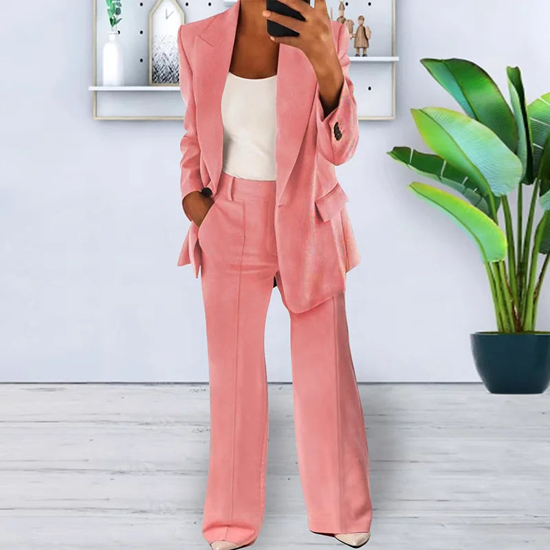 Women's Sets Two 2 Pieces Sale Casual Pocket Single Button Blazer Jackets& High Elastic Waist OL Workwear Wide Leg Pant Suits