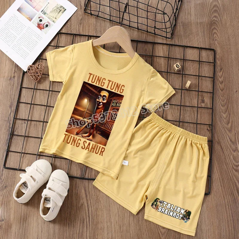 Italian Brainrot Pajama Sleepwear Child Funny Shark Tung Sahur Meme Cartoon Soft Pyjamas Set Nightgown Girl Boy Home Loungewear
