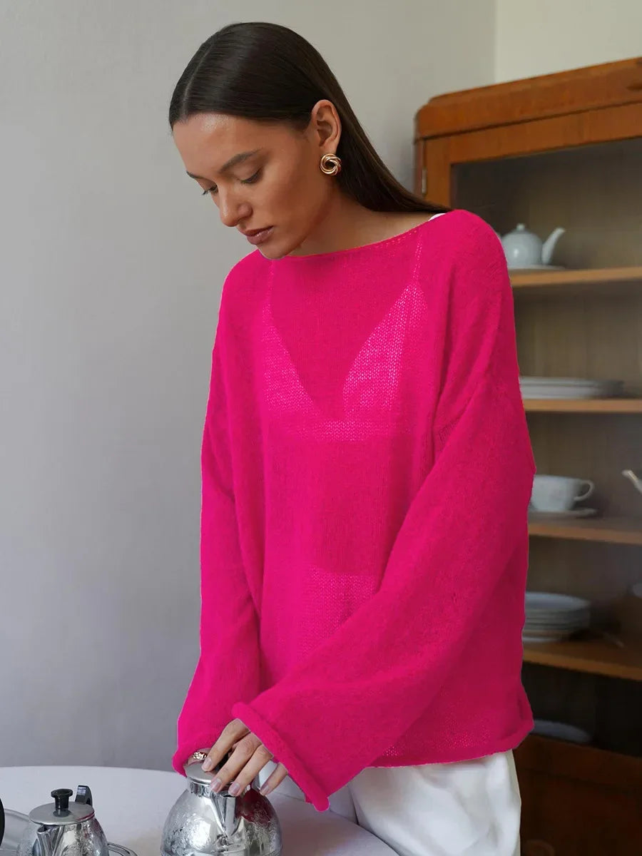 TARUXY Hollow Knitted Sweater Pullover 2024 Autumn New Women's See Through Thin Large Round Neck Bell Long Sleeve Knit T-Shirt