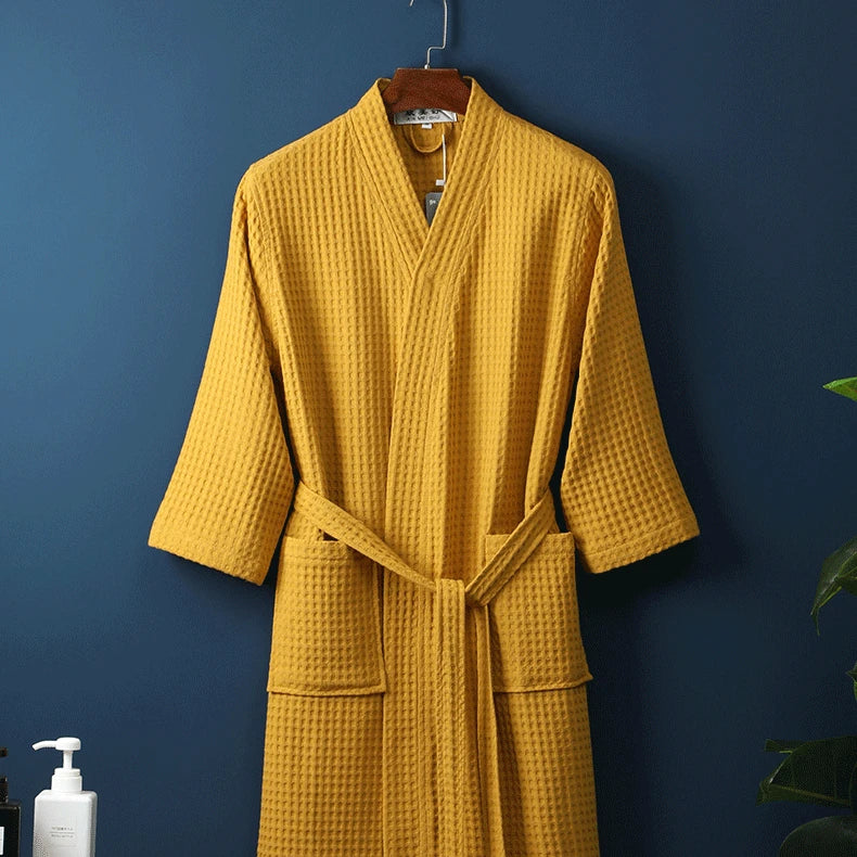 Adult Cotton Waffle Kimono Bathrobe Gown Yukata Couple Robe Negligee with Pocket Loose Casual Home Dress Loungewear Sleepwear