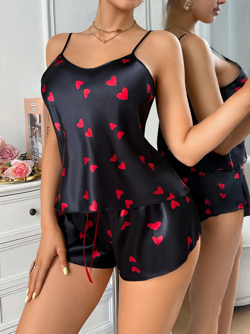 2026 New Womens Pajama Set Cute Heart Print Cami and Shorts 2 Pieces Round Neck Elastic Waist Fashion Sleepwear