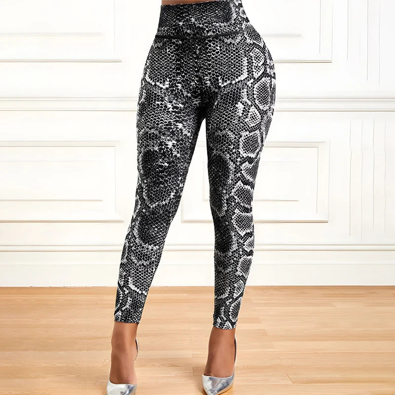 High-Waisted High-Elastic Yoga Leggings with Snake Print for Fitness Running And Daily Wear Slimming Long Pants
