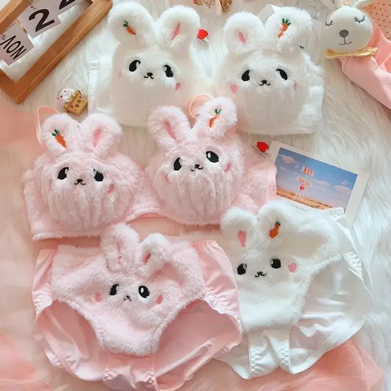 Japanese Cute Plush Lingerie Set – Soft Warm Push-Up Bra & Panties, No Steel Ring Women’s Underwear Suit