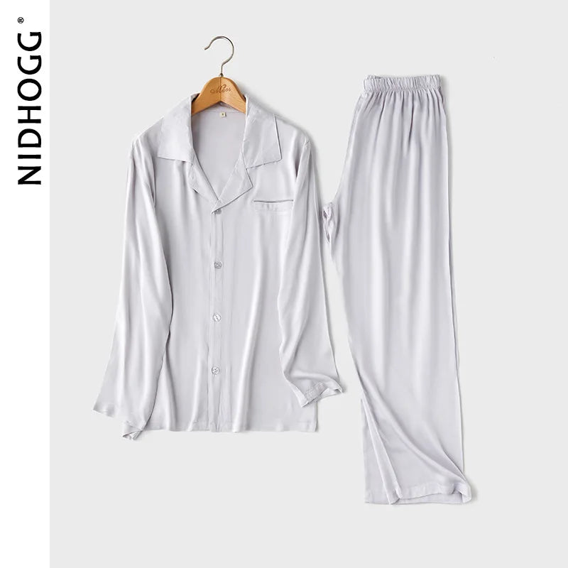 Couple's Satin Solid Color Pajamas Turn-down Collar Long-Sleeved Pajama Set Autumn Pocket 2 Piece Sleepwear Home Pijama Mujer