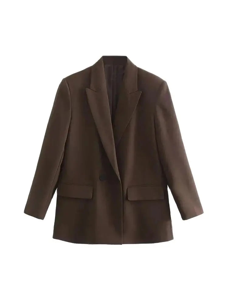 Women Fashion Double Breasted Loose Fitting Blazer Coat Vintage Long Sleeve Pockets Female Outerwear Chic Veste Femme