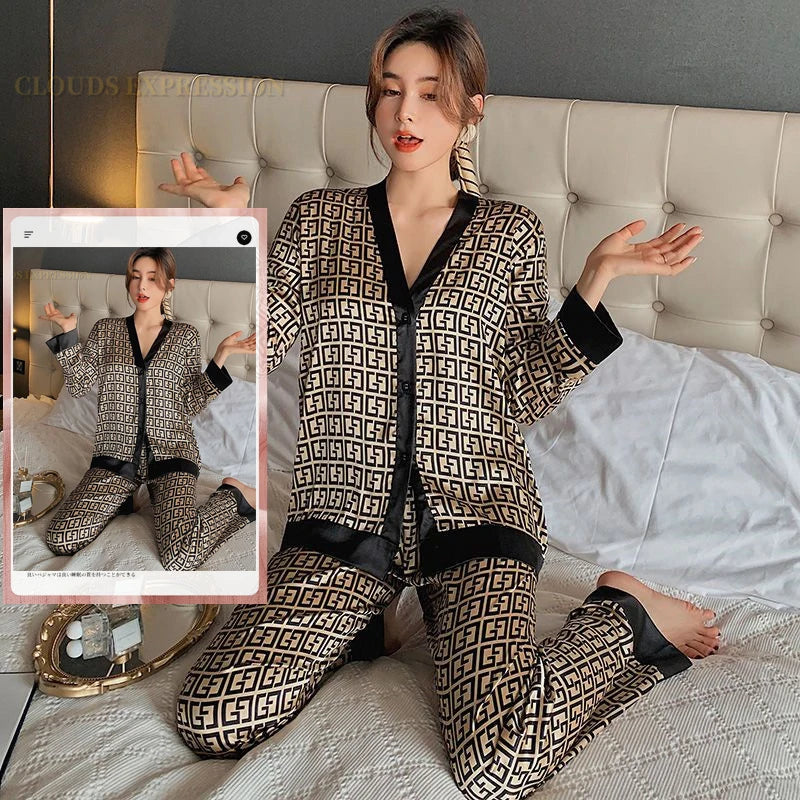 Spring Summer Ladies Faux Silk Polyester Pajama Sets Sexy Homewear Women's Casual Luxury Pajamas Thin Pajamas Female Sleepwear