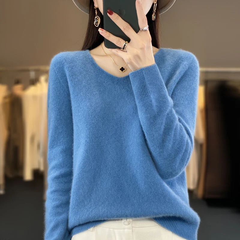 New Autumn And Winter Fashion First-Line Sweater 100% Pure Wool Women's V-Neck Pullover Knitted Base DMR201