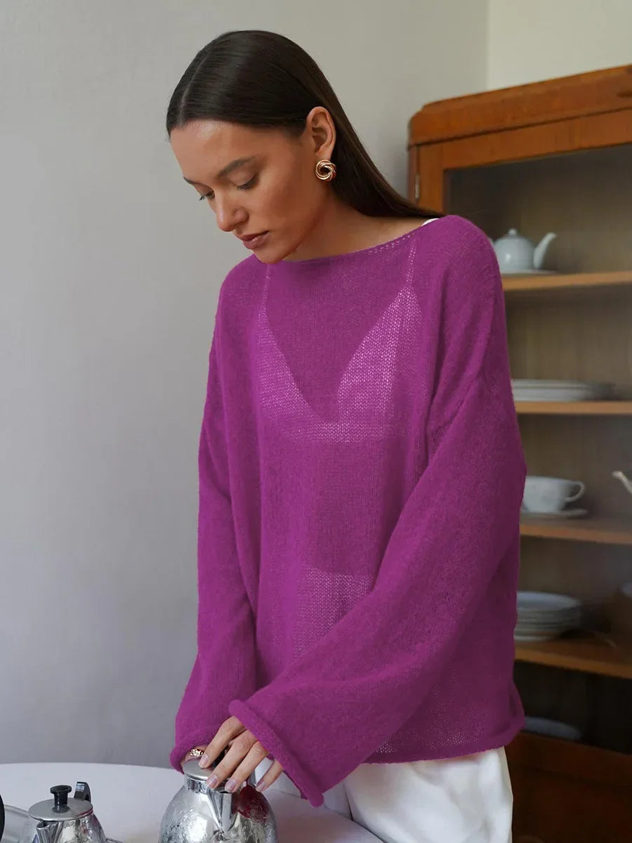 TARUXY Hollow Knitted Sweater Pullover 2024 Autumn New Women's See Through Thin Large Round Neck Bell Long Sleeve Knit T-Shirt