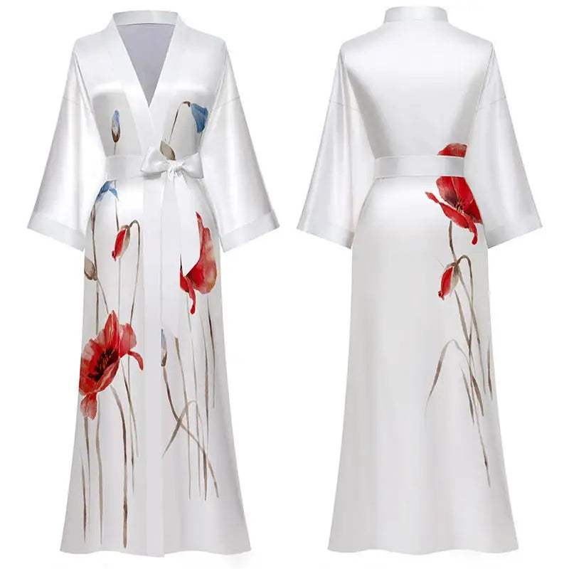 New Spring Summer Women Long Robe Kimono Bathrobe Gown Sexy Black Print Sleepwear Nightgown Casual Half Sleeve Satin Home Dress