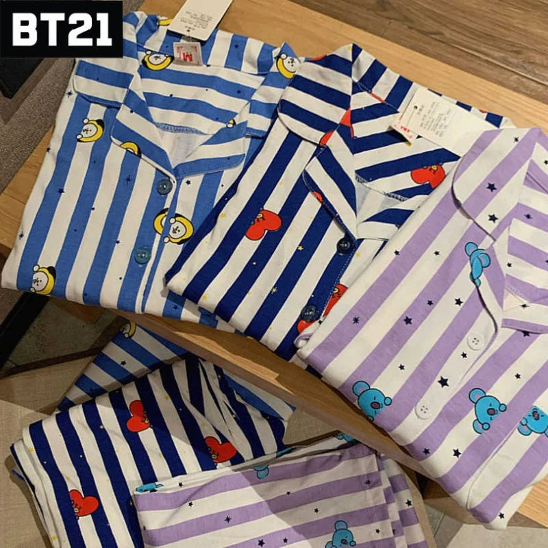 Kawaii Bt21 Tata Cooky Rj Pocket Short Sleeve and Shorts Pajama Set, Casual Satin Sleepwear with Lapel Collar and Button Detail