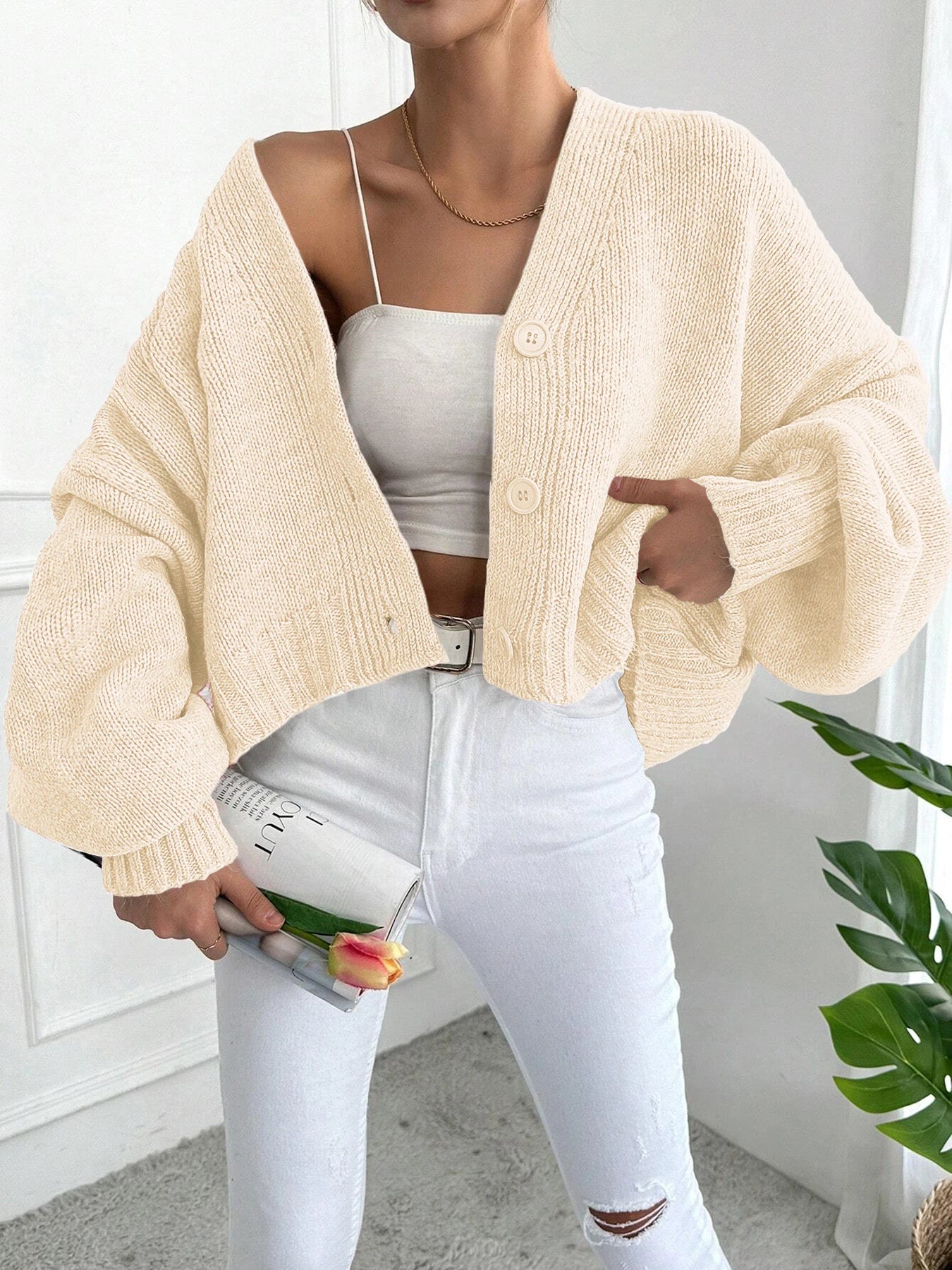 Women's Autumn Winter Knitted Sweater Cardigan, Batwing Sleeve Drop Shoulder Button Loose Fit Pullover, Casual Fashion for Ladie