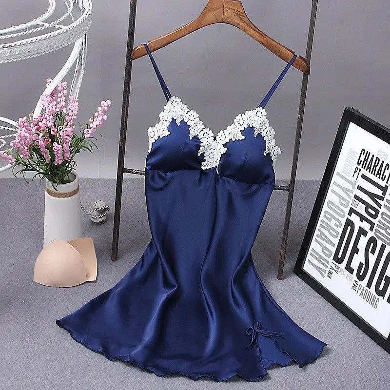 Hot Summer Women Silk Robe Dress Babydoll Nightdress Solid V-neck Sexy Lingerie Nightgown Sleepwear
