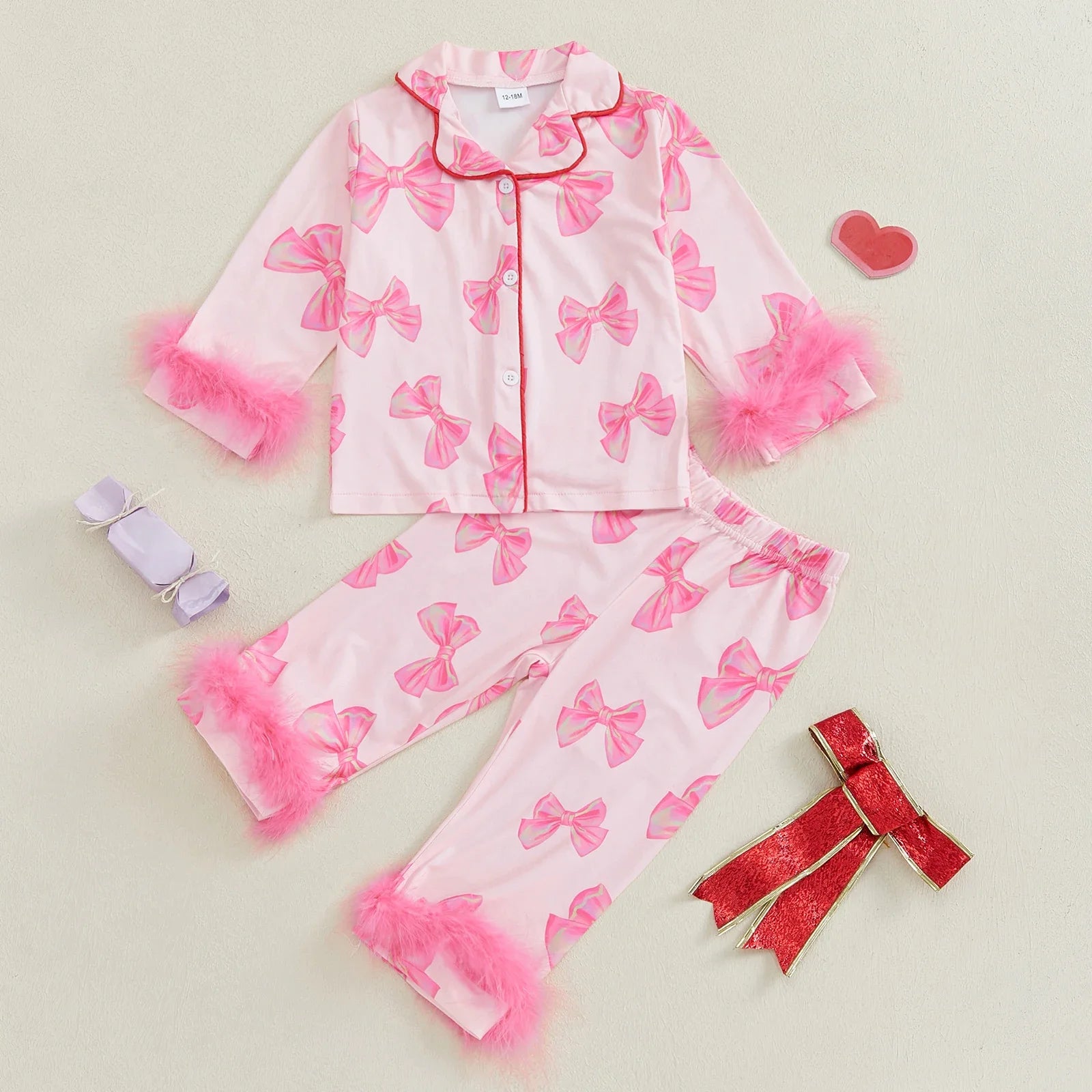 Cute Infant Baby Girl 2Pcs Pajamas Feather Trim Long Sleeve Bow Print Shirt + Pants Set Toddler Sleepwear Homewear Clothing