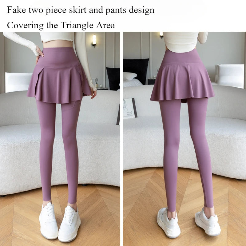 Women Fake Two Pieces Leggings Seamless Fitness Leggings High Waist with Pocket Elastic Slim Fashion Hip Liftting Yoga Pants
