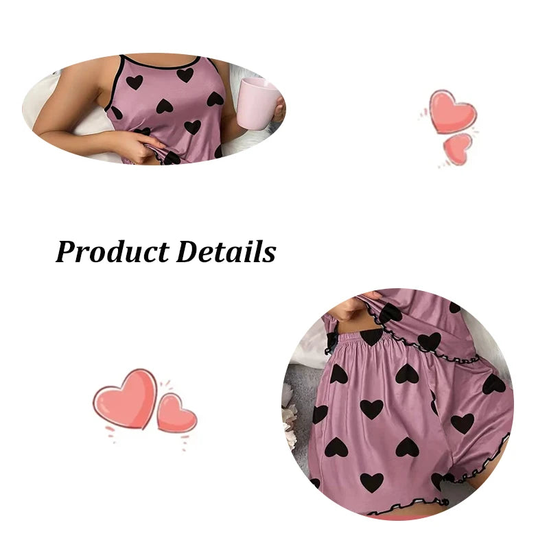 Women's Pajama Set Pajamas T-Shirts Shorts Pink Heart-Shaped Print Round Neck T-Shirt Ice Silk Top Comfortable Casual Summer