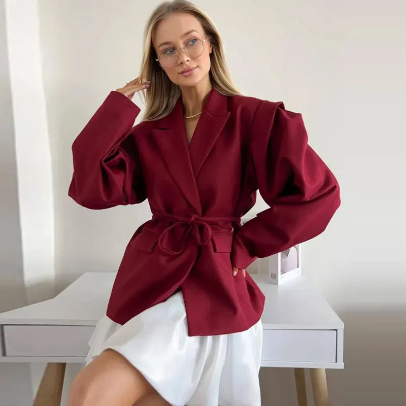 Solid Lapel Blazer Jacket For Women Oversize Notched Single Breasted Shoulder Pads Jackets 2025 Office Lady Long Sleeve Tops