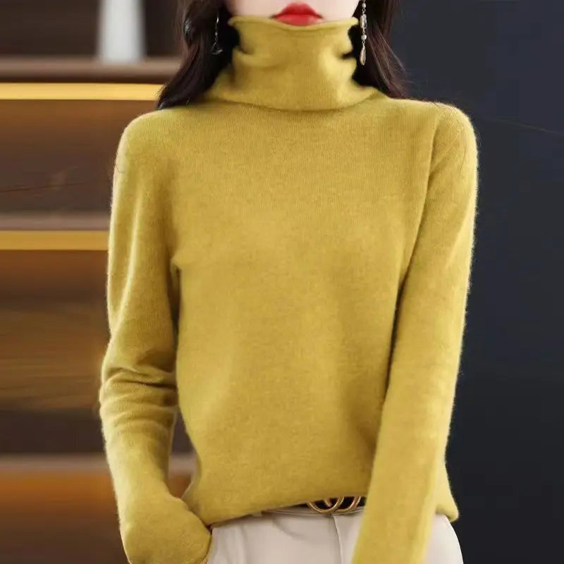 100% Wool Fold Neck Sweater Women's AutumnWinter High Neck Long Sleeved Solid Color Warm Pullover Sweater Knitted Jumper Top