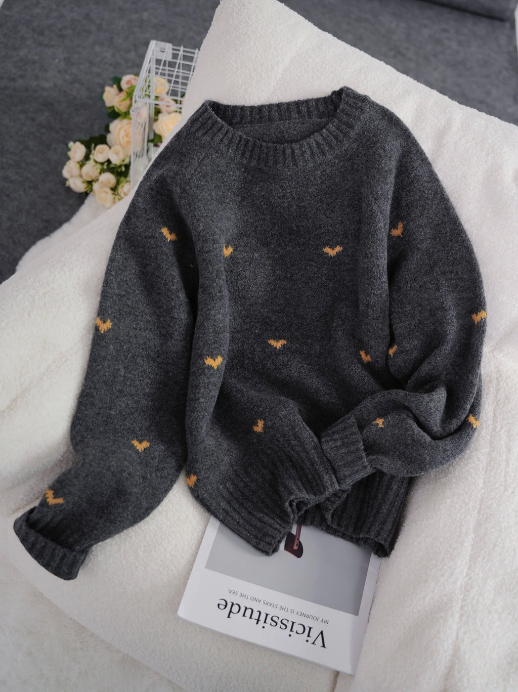 Valentine's Day Women's Crochet Sweater - Flying Bird & Heart Pattern Long Sleeve Pullover, Fall New Arrival Casual Streetwear